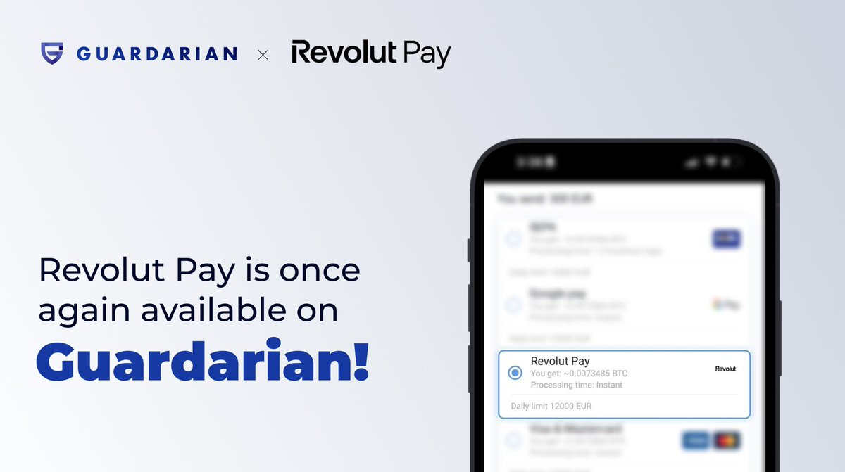 #RevolutPay returns to @guardarian_com! 🎉💳

Your preferred fiat gateway to over 400 cryptocurrencies: where innovation meets accessibility. Enjoy effortless transactions on Guardarian backed by innovative capabilities of @RevolutApp in 38 countries: bit.ly/4896Jyc👈