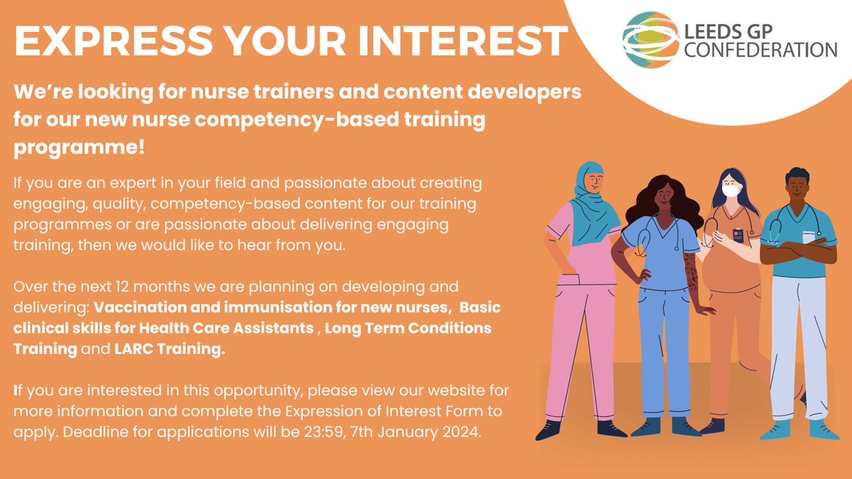 Leeds GP Confederation (@leedsgp) on Twitter photo 📢 We’re looking for new nurse trainers and content developers for our new nurse training programme!
If you’re interested in helping us develop or deliver these courses, check out our website for more information and how to register your interest 👇
leedsgpconfederation.org.uk/2023/12/11/tra… 📢 We’re looking for new nurse trainers and content developers for our new nurse training programme!
If you’re interested in helping us develop or deliver these courses, check out our website for more information and how to register your interest 👇
leedsgpconfederation.org.uk/2023/12/11/tra…
