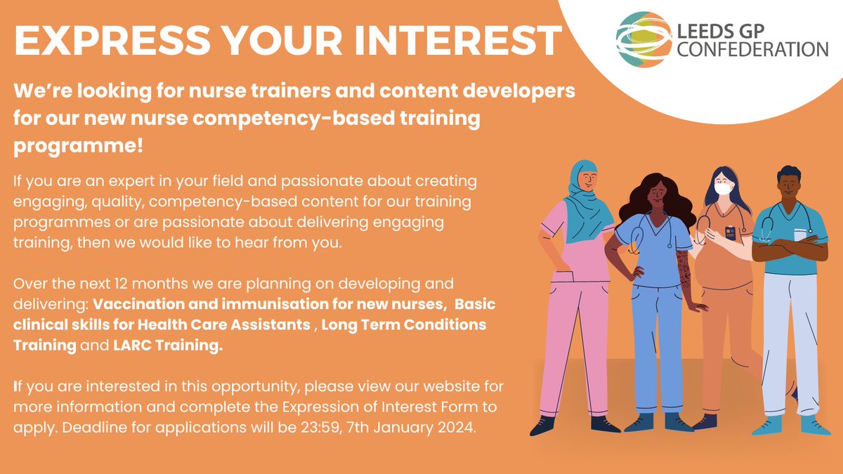 📢 We’re looking for new nurse trainers and content developers for our new nurse training programme! If you’re interested in helping us develop or deliver these courses, check out our website for more information and how to register your interest 👇 leedsgpconfederation.org.uk/2023/12/11/tra…