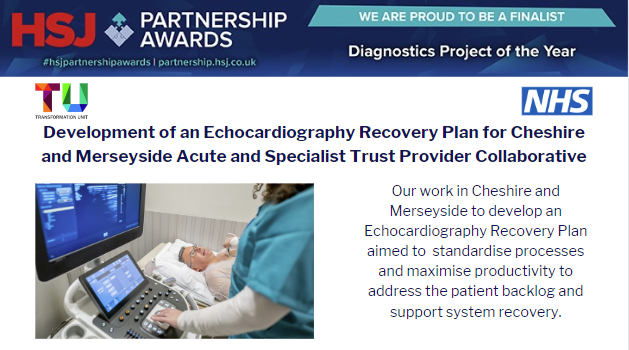 NHS Transformation Unit (@tu_nhs) on Twitter photo We are delighted to announce that the TU and <a href="/NHSCandM/">NHS Cheshire and Merseyside</a> have been shortlisted for Diagnostics Project of the year at the HSJ Partnership Awards 2024.
To find out more visit our website!
bit.ly/3GBwjzV We are delighted to announce that the TU and <a href="/NHSCandM/">NHS Cheshire and Merseyside</a> have been shortlisted for Diagnostics Project of the year at the HSJ Partnership Awards 2024.
To find out more visit our website!
bit.ly/3GBwjzV