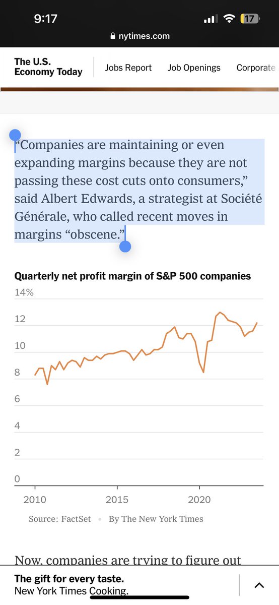 Between a banker saying corporate profits have risen to “obscene” levels and this graph showing the average profit margin of an S&P 500 company reaching 50% higher than in 2010 . . . I think we’ve settled the debate on whether wages or profits were driving inflation.