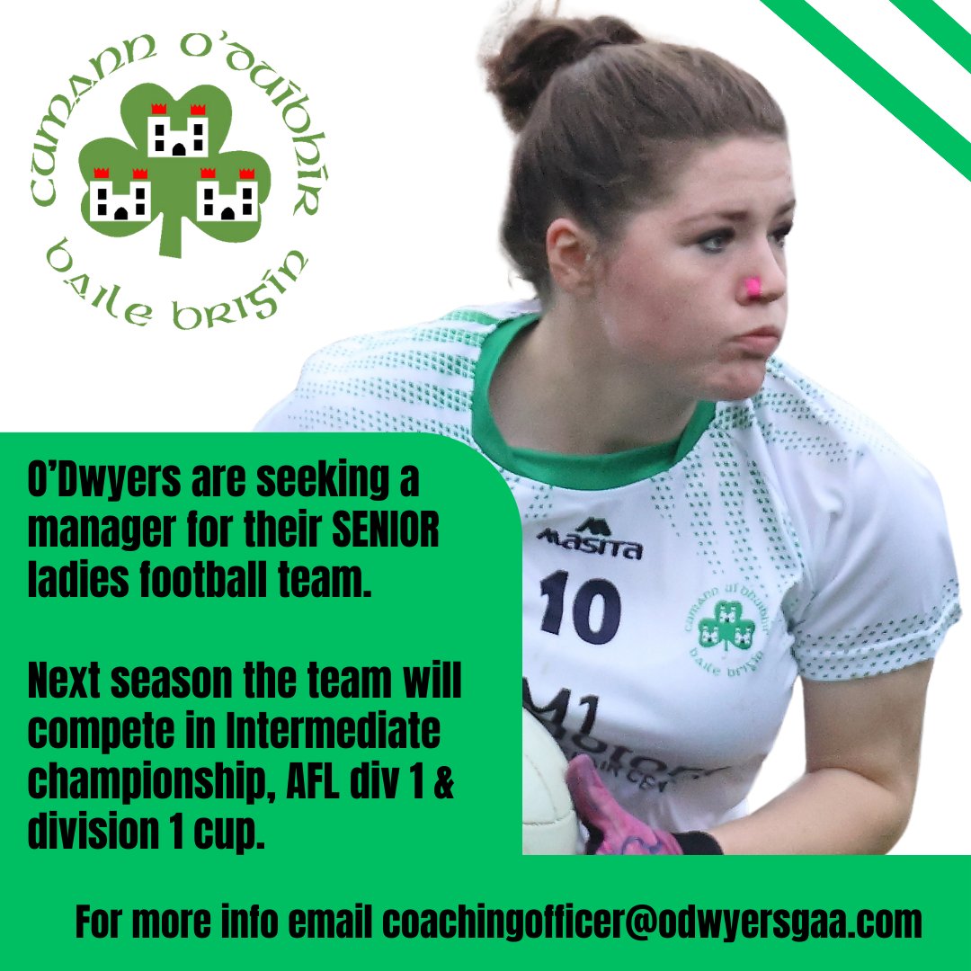 *Division one Football Managerial Post* @odwyersgaa Ladies football team are seeking a manager for the 2024 playing season. The team compete in the Dublin Intermediate championship, AFL division 1 and division 1 adult cup. Interested parties can email…