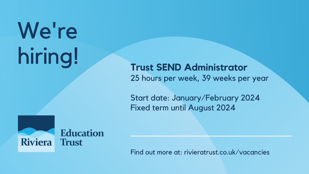 We're looking for an enthusiastic and hardworking SEND Administrator to work across our Trust, 25 hours a week, Monday - Friday, to start end of January/February 2024.  For more details and to apply, visit: rivieratrust.co.uk/trust-send-adm…
