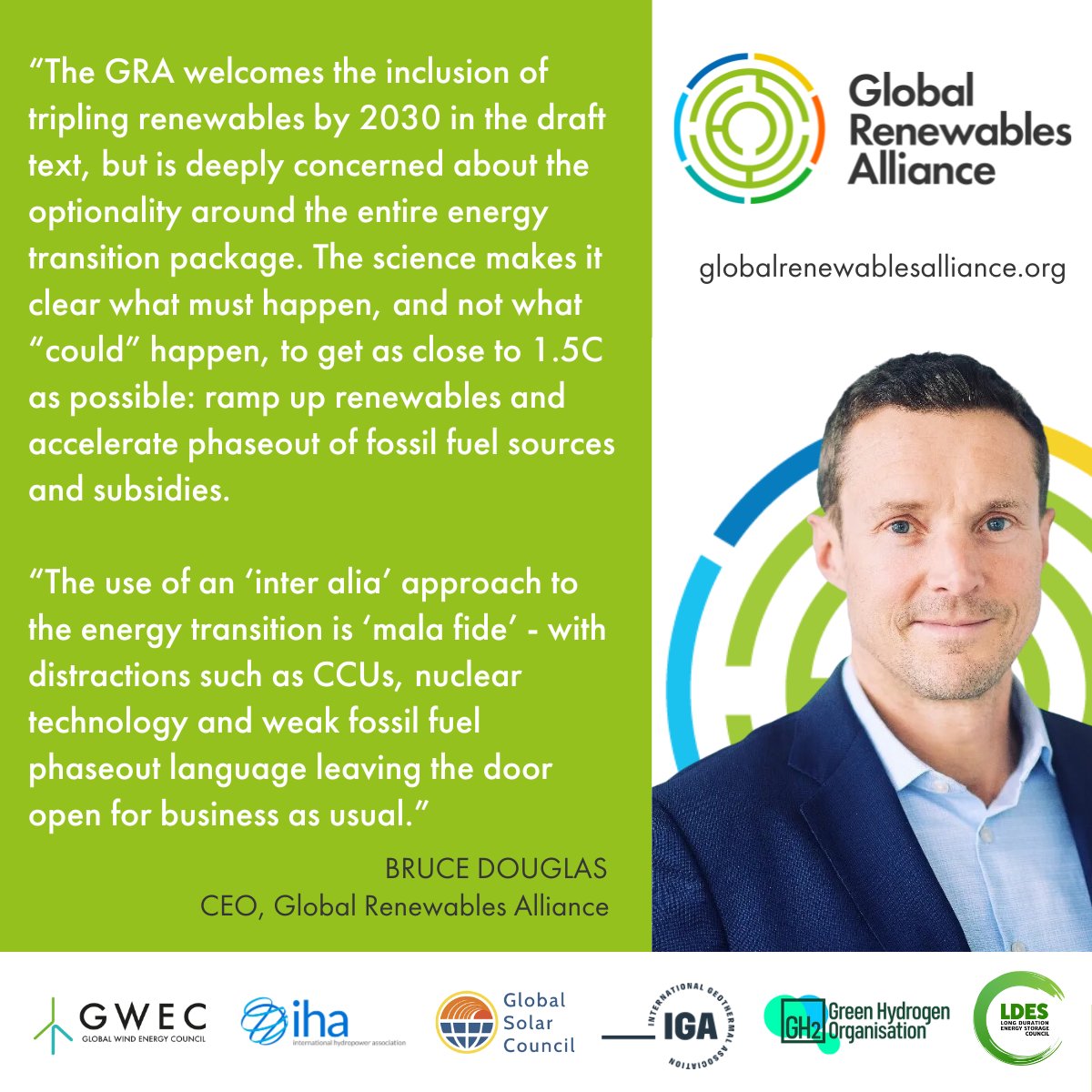 GRA_Renewables's tweet photo. “The GRA welcomes the inclusion of tripling renewables by 2030 in the draft text, but is deeply concerned about the optionality around the entire energy transition package." 

Read our full reaction to the latest draft of the #COP28 final text. https://t.co/QbSlYScKab