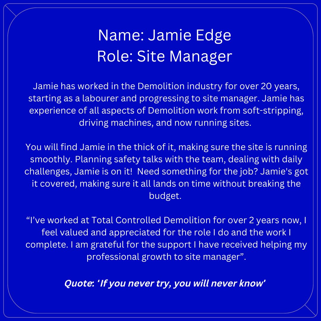 🌟 Our 'Meet the Team' continues! 🌟
This week we would like to introduce you to Jamie Edge, one of our brilliant site managers.

#TeamTuesdays #MeetTheTeam #TeamSpotlight #demolitioncomapny #sitemanager #manchester #liverpoolcityregion