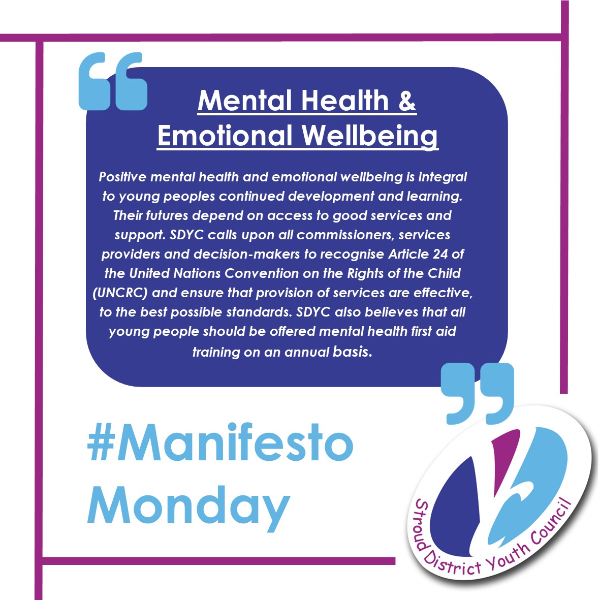 Our 2023/24 social media campaign series continues with a spotlight on Mental Health & Emotional Wellbeing. The #ManifestoMonday initiative shares one of the SDYC Manifesto statements each week & reflects the diversity of SDYC's work & the issues affecting young people🔊🗣📣🌍🌈