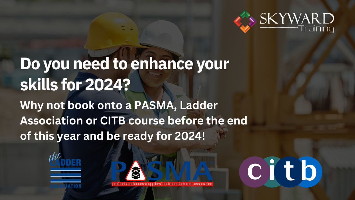 Do you need to enhance your skills for 2024? Learn something new in time for the New Year, check out what courses we have running til the end of the year via our website skywardtraining.co.uk 

#learnsomethingnew #training #citb #ladderassociation #pasma #skywardtraining