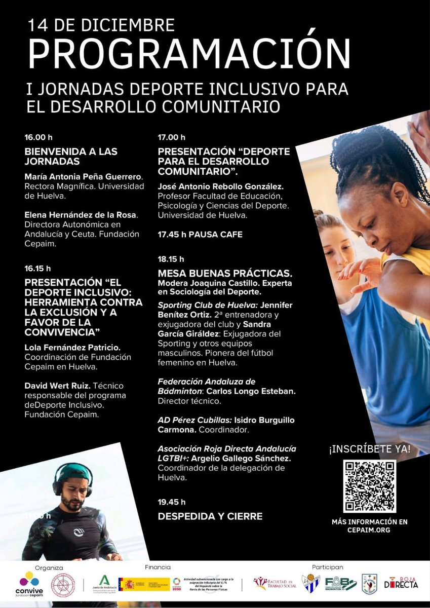 Si el deporte y la inclusión son lo tuyo no te pierdas esta Jornada en nuestro centro el próximo 14-D organizadas por <a href="/FundacionCepaim/">CONVIVE Fundación Cepaim</a> Puedes inscribirte en su web y en el QR en el cartel