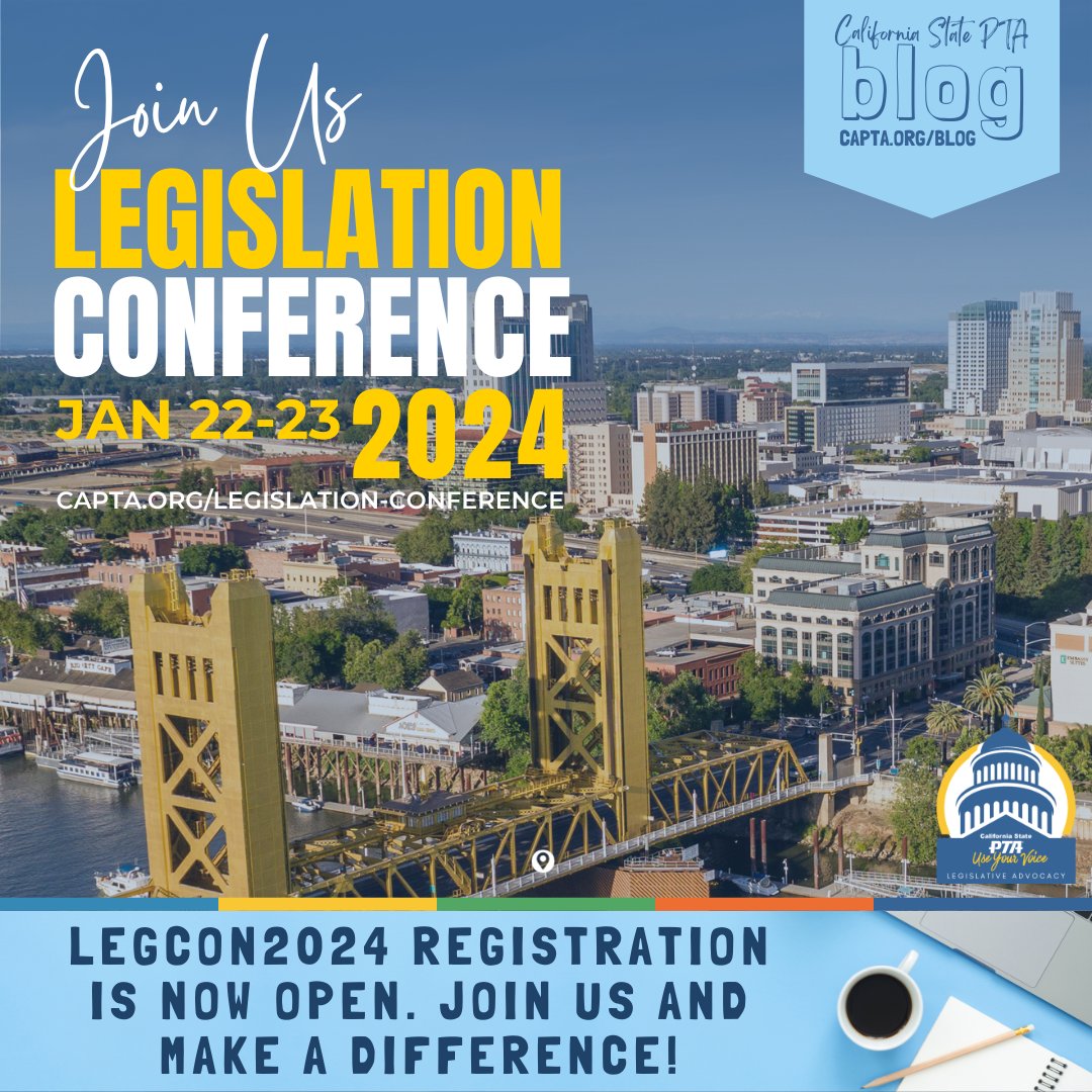 📢 Join us at the 2024 CA State PTA Legislation Conference in Sacramento Jan 22-23, 2024. Learn about children's issues, advocate directly to legislators, network, and share ideas with PTA leaders. Register now: zurl.co/rdmT #LegCon2024 #PTAConference #MakeADifference