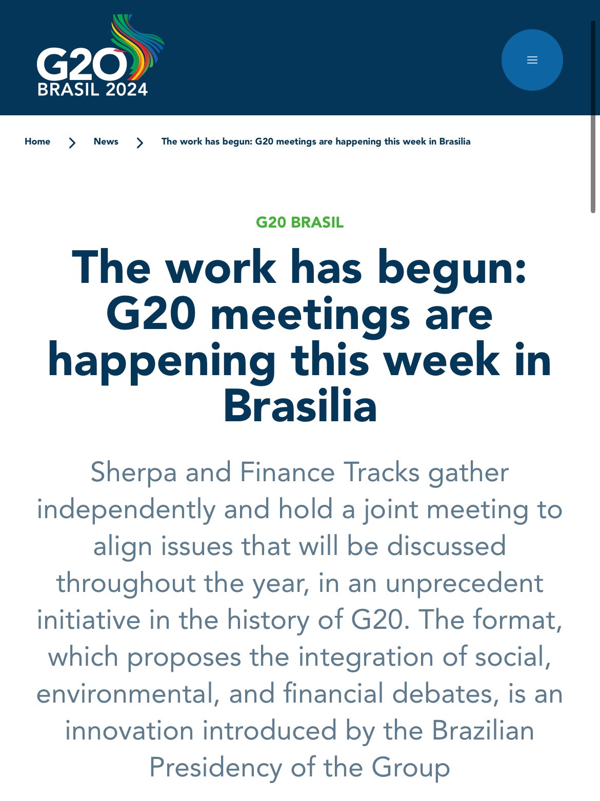 G20 Brasil on X: Sherpa and Finance Tracks gather independently and hold a  joint meeting to align issues that will be discussed throughout the year,  in an unprecedent initiative in the history