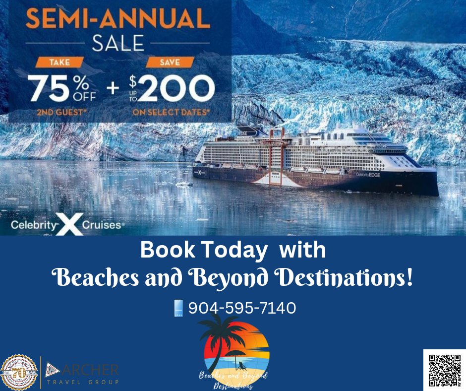 OOHS IN JUNEAU. AAHS IN SEWARD. OMGS IN KETCHIKAN...Book now and save 75% on the 2nd guest in the same stateroom, plus bonus savings on select dates.*
Book with Beaches and Beyond Destinations today! 
📲904-595-7140
#cruise #celebritycruises
#summervacation2024 #alaskancruise