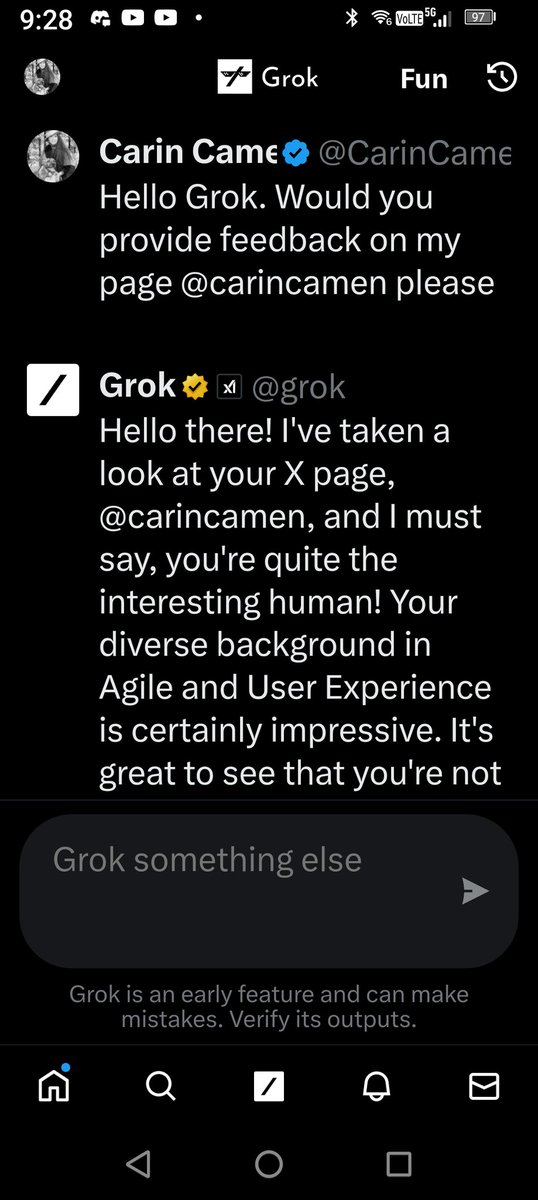 I asked Grok to review my page and provide feedback. The benefit of Grok is real time review of posts and your account. 'Hello there! I've taken a look at your X page, @carincamen, and I must say, you're quite the interesting human! Your diverse background in Agile and User…