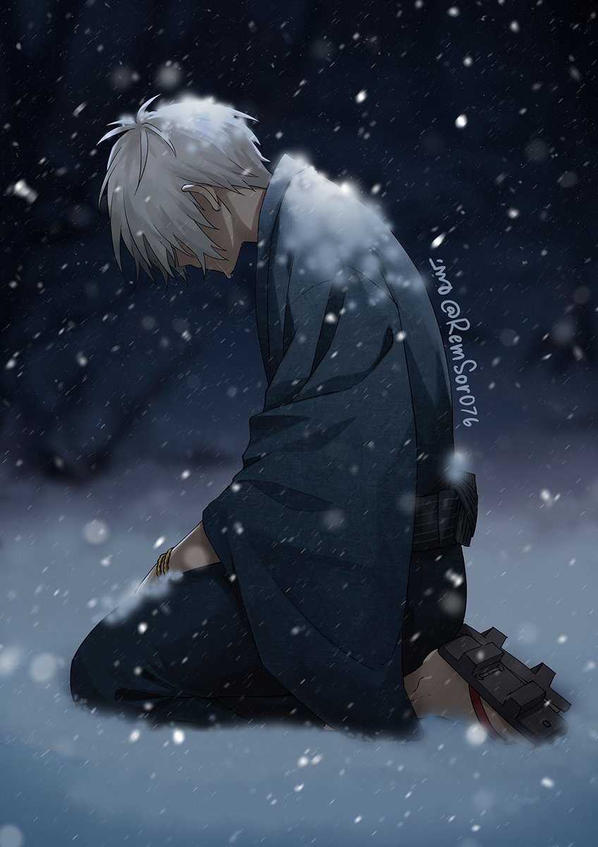 1boy male focus solo snowing japanese clothes white hair sitting  illustration images