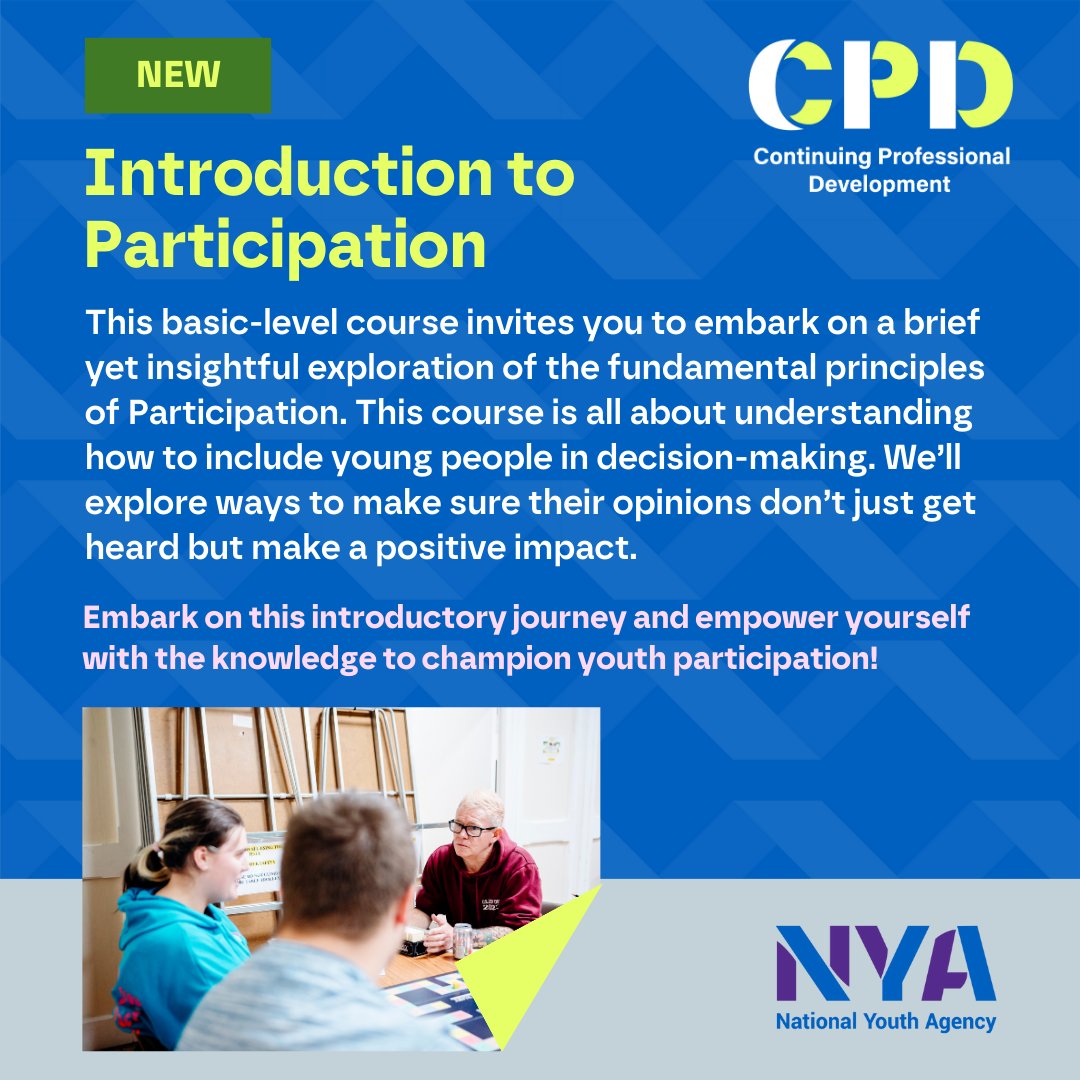 🚨New CPD Course launched 🚨 This course is all about understanding how to include young people in decision-making. It will also provide you with access to a curated list of valuable resources and further learning opportunities. nya.org.uk/academy-cpd/