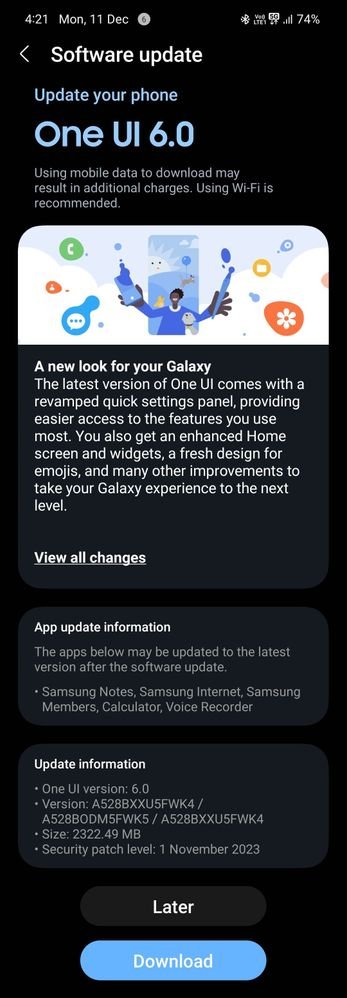 SamSWUpdate's tweet image. Samsung Galaxy A52s 5G One UI 6.0 update - India #Samsung #GalaxyA52s