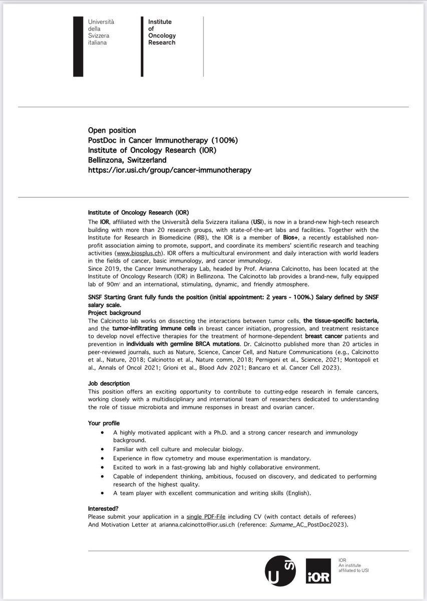 Arianna Calcinotto (@calcinottolab) on Twitter photo We are #hiring!
2 postdoctoral positions to join our endeavor to dissect the role of cancer-associated bacteria in cancer susceptibility. Check it out! <a href="/IOR_Bellinzona/">Institute of Oncology Research (IOR)</a> <a href="/snsf_ch/">Swiss National Science Foundation</a> We are #hiring!
2 postdoctoral positions to join our endeavor to dissect the role of cancer-associated bacteria in cancer susceptibility. Check it out! <a href="/IOR_Bellinzona/">Institute of Oncology Research (IOR)</a> <a href="/snsf_ch/">Swiss National Science Foundation</a>