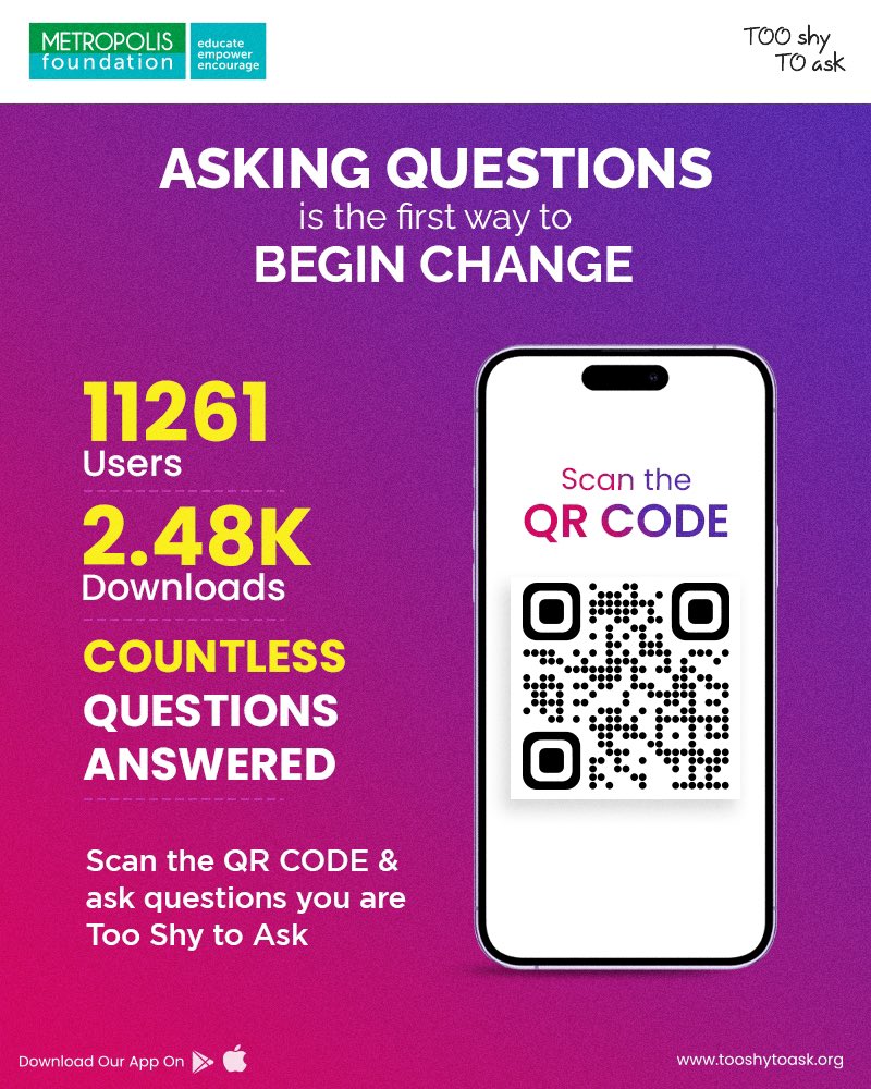 Unlock knowledge without being afraid! 

Too Shy To Ask is a secure space where teens may anonymously inquire about nutrition, sexual health, and other topics.

Scan QR > Install App > Ask your questions

#anonymousquestion #nutritionhealth #sexualhealth #selfcare #tooshytoaskapp