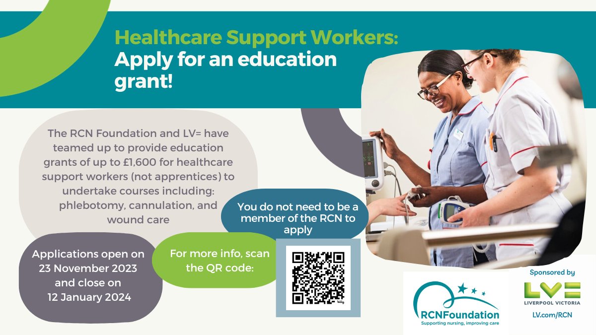 📢Calling all healthcare support workers! ✔️Are you employed in the UK? ✔️Thinking of taking a course to support your professional development? ✔️Why not apply for the RCN Foundation LV= Education Grant? 👉Find out more and how to apply bit.ly/3SRwfU8 @lv
