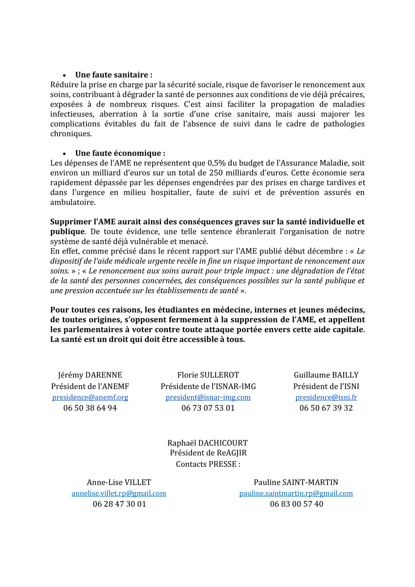 ANEMF (@anemf) on Twitter photo 📢 Alors que l’examen du projet de loi immigration débute aujourd'hui en séance publique à l’<a href="/AssembleeNat/">Assemblée nationale</a>, les étudiants en #médecine appellent les parlementaires à voter contre toute atteinte portée envers l'#AME !
Ensemble, défendons les valeurs de notre système de santé. 📢 Alors que l’examen du projet de loi immigration débute aujourd'hui en séance publique à l’<a href="/AssembleeNat/">Assemblée nationale</a>, les étudiants en #médecine appellent les parlementaires à voter contre toute atteinte portée envers l'#AME !
Ensemble, défendons les valeurs de notre système de santé.
