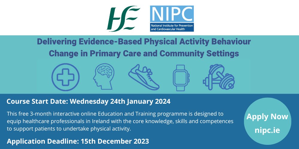 📢Final week to apply for our free 3-month online programme Delivering Evidence-based Physical Activity Behaviour Change in Primary Care and Community Settings. Application deadline is Friday 15th Dec, apply now⬇️ nipc.ie/physical-activ…