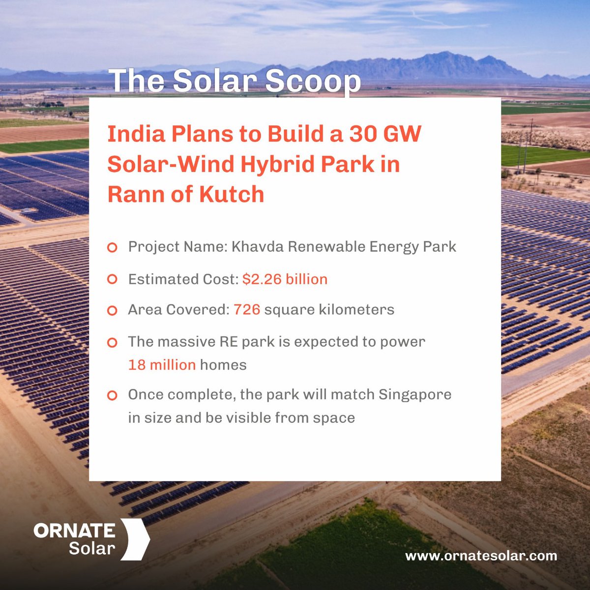 The Indian government is building the world’s largest renewable energy park in the salt marsh of Rann of Kutch, Gujarat! Six organizations are working together on this massive project which is set to be completed in 3 years.

Get the full scoop here👇🏽

#OrnateSolar #Solarscoop