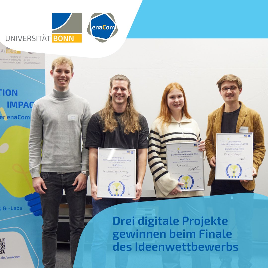 Das sind die Gewinner*innen des Ideenwettbewerbs 2023! 🍾🏆 Gratulation auch an alle Nominierten für acht tolle Pitches beim Finale. 👉 alle Infos hier: uni-bonn.de/de/neues/sprac… #startup #innovation #pitch #gründen #ideen