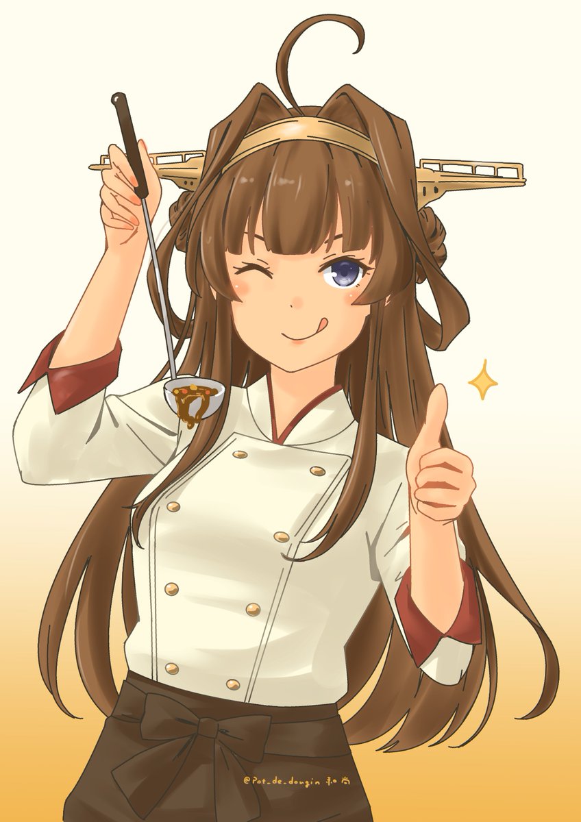 kongou (kancolle) 1girl solo long hair double bun hair bun ladle one eye closed  illustration images