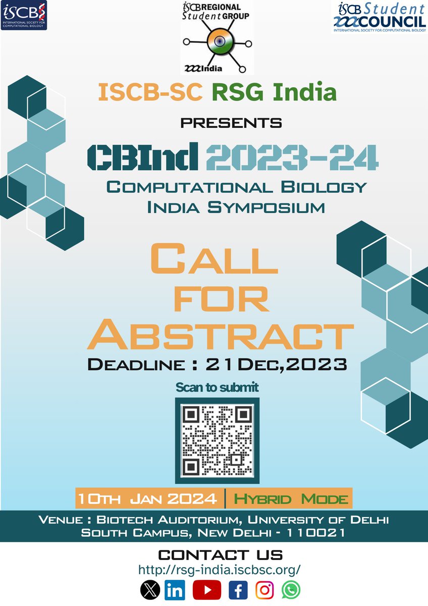 ISCB RSG India (@iscb_rsg_india) on Twitter photo Call for abstracts
We are delighted to open the "CALL FOR ABSTRACTs" for ISCB (<a href="/iscbsc/">ISCB Student Council</a> <a href="/iscb/">ISCB News</a>) RSG India's Annual Symposium Computational biology India (CBInd) 2023-24
to be held on 10.01.24
at New Delhi, India | Hybrid
Submit your work here
rsg-india.iscbsc.org/contact-us/rsg… Call for abstracts
We are delighted to open the "CALL FOR ABSTRACTs" for ISCB (<a href="/iscbsc/">ISCB Student Council</a> <a href="/iscb/">ISCB News</a>) RSG India's Annual Symposium Computational biology India (CBInd) 2023-24
to be held on 10.01.24
at New Delhi, India | Hybrid
Submit your work here
rsg-india.iscbsc.org/contact-us/rsg…