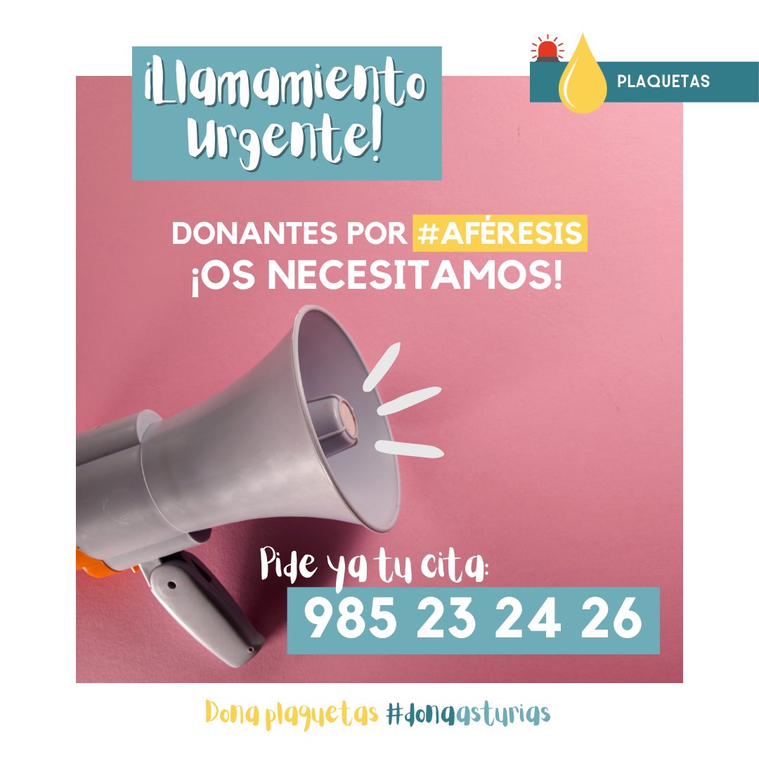 🚨Atención donantes por #aféresis, ¡Os necesitamos! 💪 En nuestros hospitales hacen falta urgentemente #plaquetas 💛
Saca tu lado más solidario y pide ya tu cita👇
📞985232426
¡Dale #like, comparte y difunde! #graciasgraciasgracias #DonaPlaquetas #Haztedonante #DonaVida #Asturias
