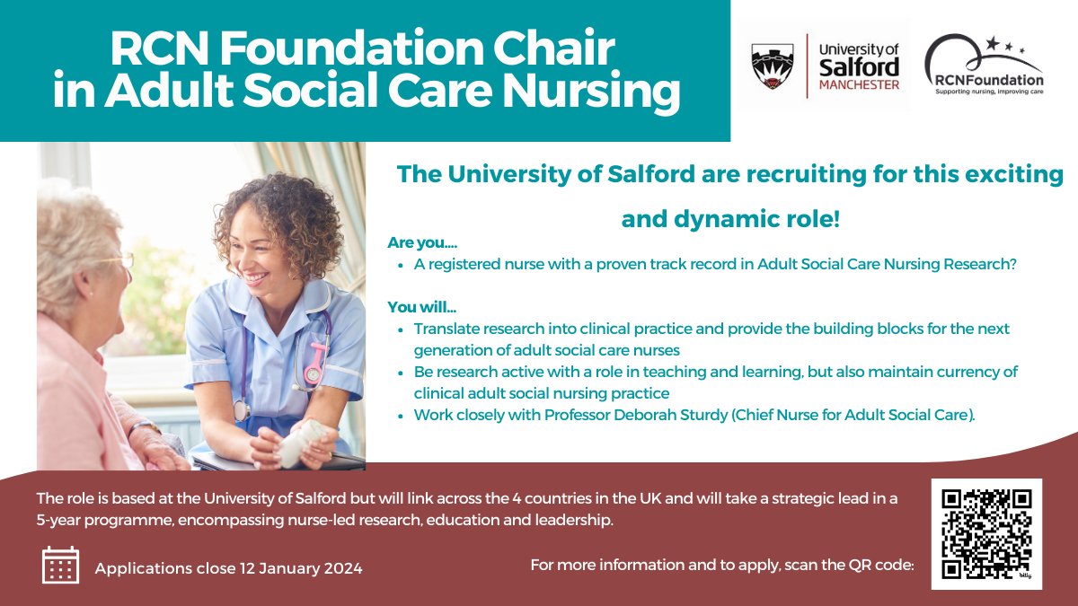 🚨Reminder🚨 @SalfordUni are recruiting for the UK’s first Chair in Adult Social Care Nursing! 🗓️ Deadline: 12 January 2024 🕖 23:55pm 💻 Online Find out more about the role and how to apply 👇 bit.ly/47cfRSy #SocialCareNursing #WeAreSocialCareNurses #AdultSocialCare