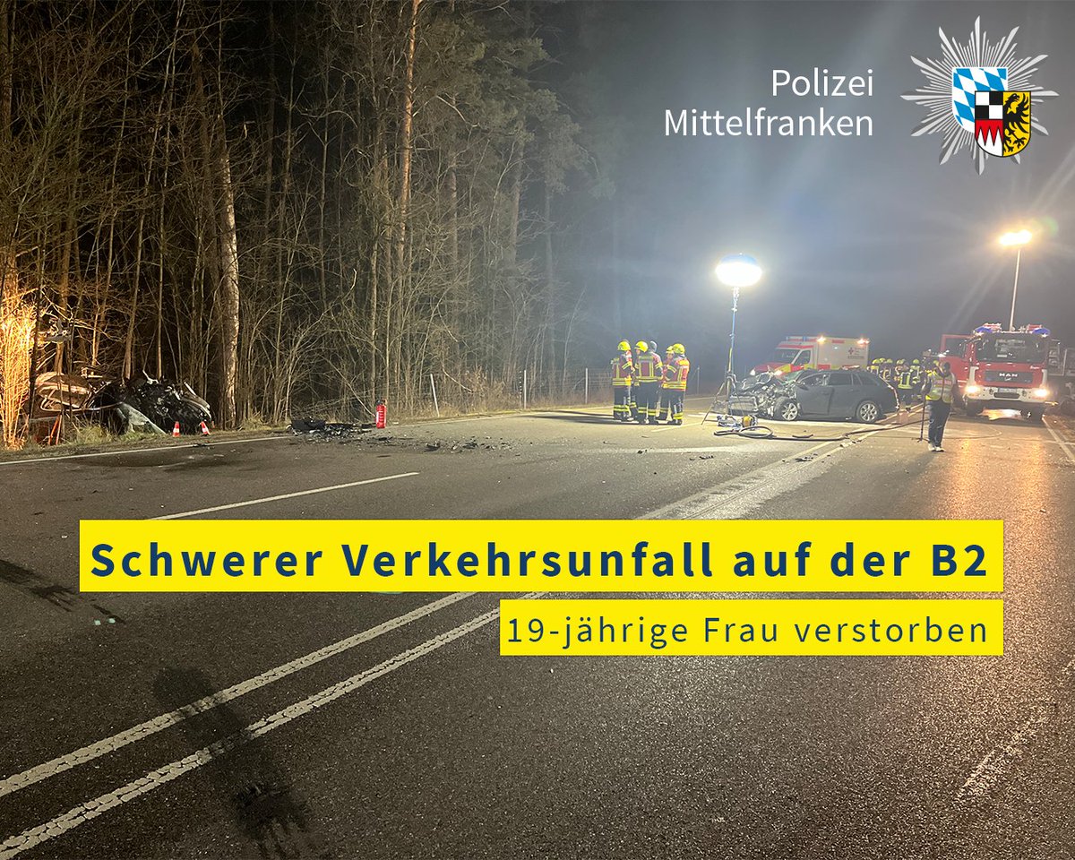 Am Sonntagnachmittag (10.12.2023) ereignete sich ein schwerer #Verkehrsunfall auf der Bundesstraße 2 bei #Pleinfeld (Lkrs. Weißenburg-Gunzenhausen). Die 19-jährige Fahrerin des Opel Corsa verstarb an den Folgen der schweren Verletzungen. Pressemeldung: polizei.bayern.de/aktuelles/pres…