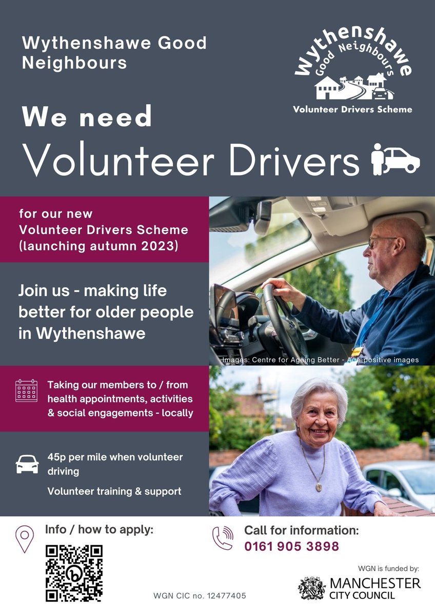 This is such a valuable service but the @WGN_Community #agefriendly driver scheme needs additional volunteers so that it can help even more older residents in #Wythenshawe>>> @afwyth @mccwythenshawe @MCC_AFMTeam