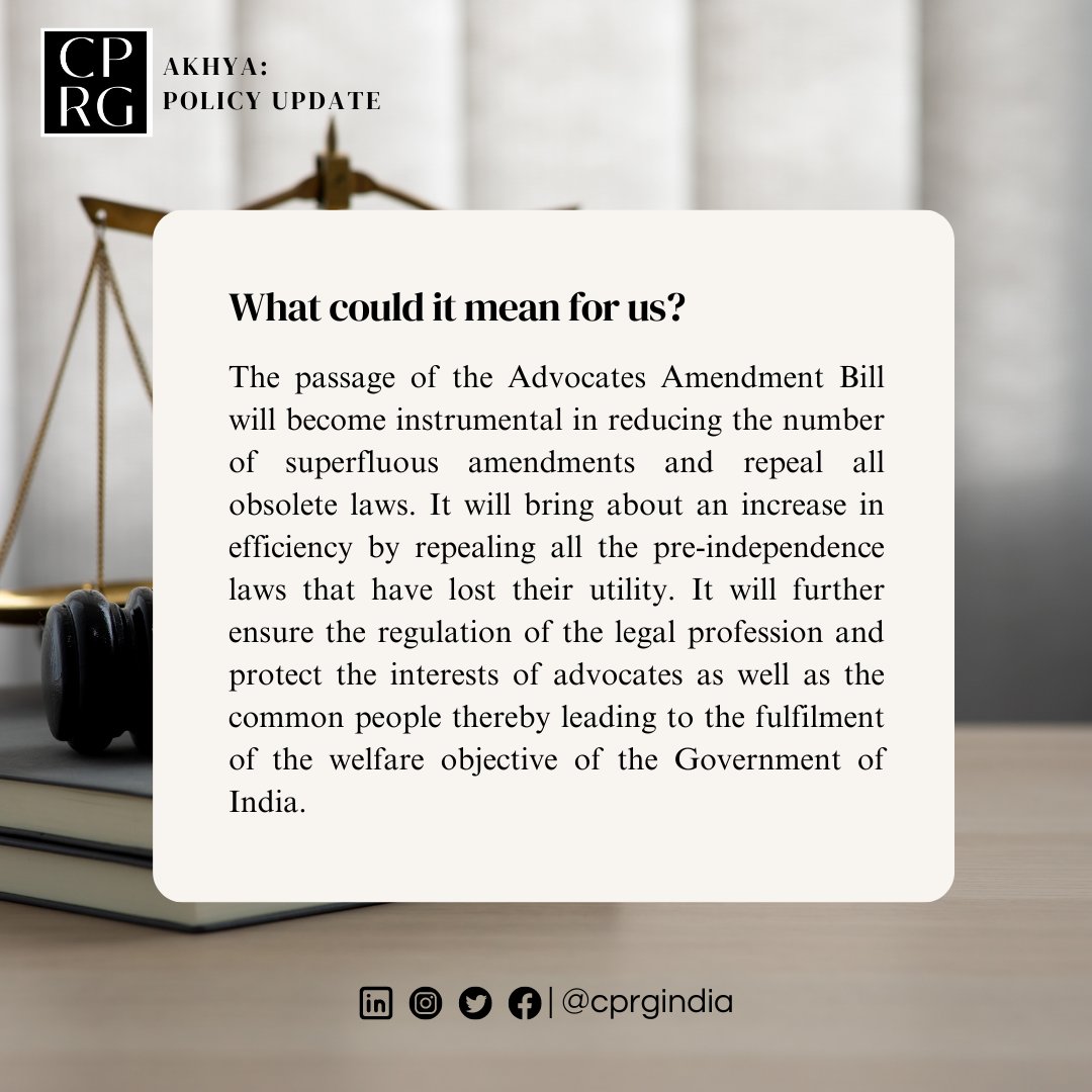 The Parliament has passed the Advocate Amendment Bill, 2023. What is the update and what could it mean for us?  

Find some of your answers here.  

#cprgindia #publicpolicy #policyresearch #parliament #advocates #legal #courts #amendment #bill

@RamanandDelhi