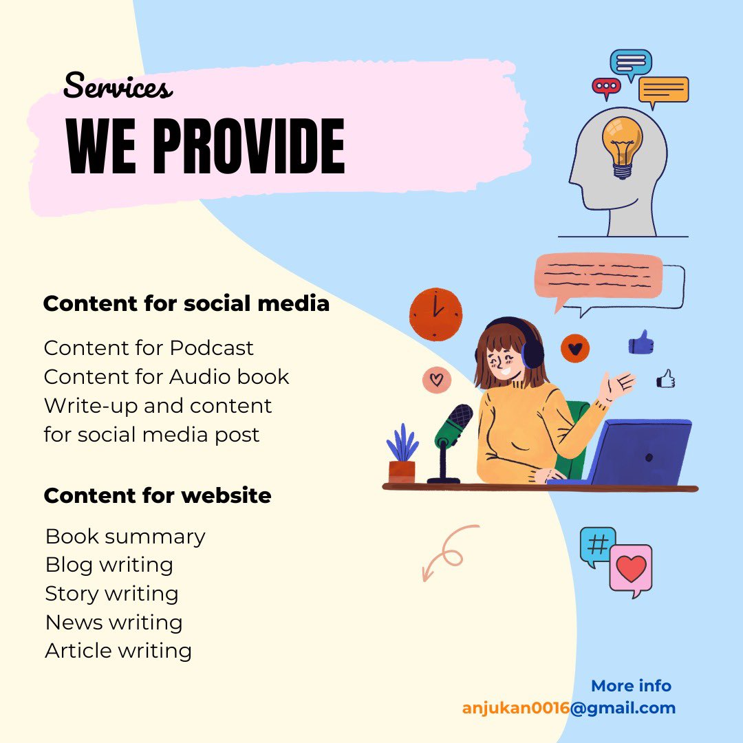 We have writers to write all types of content and that too with expertise. 

You can DM or mail for your queries. 

#writing #writingservice #podcast #audiobook #socialmedia #socialmediacontent #booksummary #originalcontent #article #news #blog #contentwriter #journey #agency