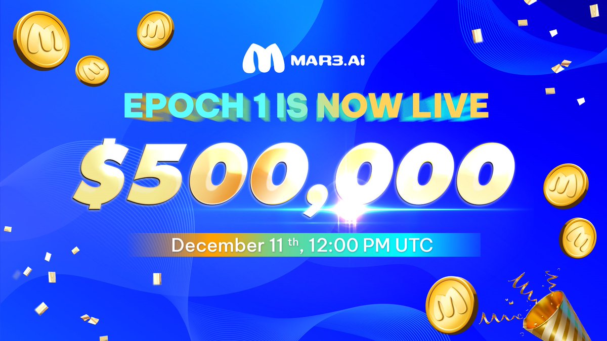 🎉 Epoch 1 Is Now Live! 📌 Join now: tech.mar3.ai 🎁 $500,000 total prize pool 🗓 Dec 11 - Dec 31, 2023, 12:00 PM UTC 👉Read more: blog.mar3.ai/introduction-t… #Mar3AI #Epoch1 #SocialFi