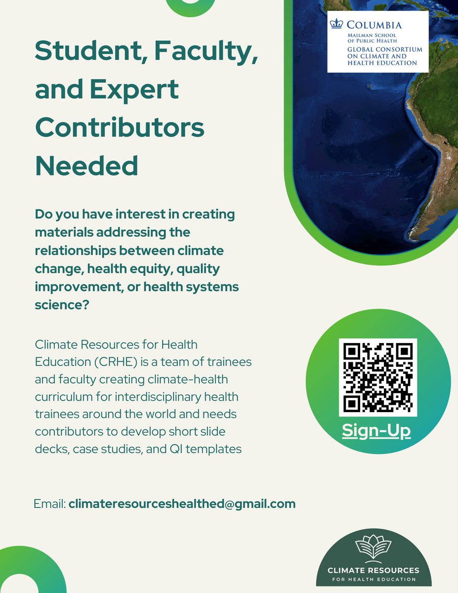 Recruiting Contributors for CRHE Health Systems Science, Quality Improvement, and Health Equity Materials! Sign up here! tinyurl.com/566u49hu Website: climatehealthed.org #MedEd #climatechangeshealth
