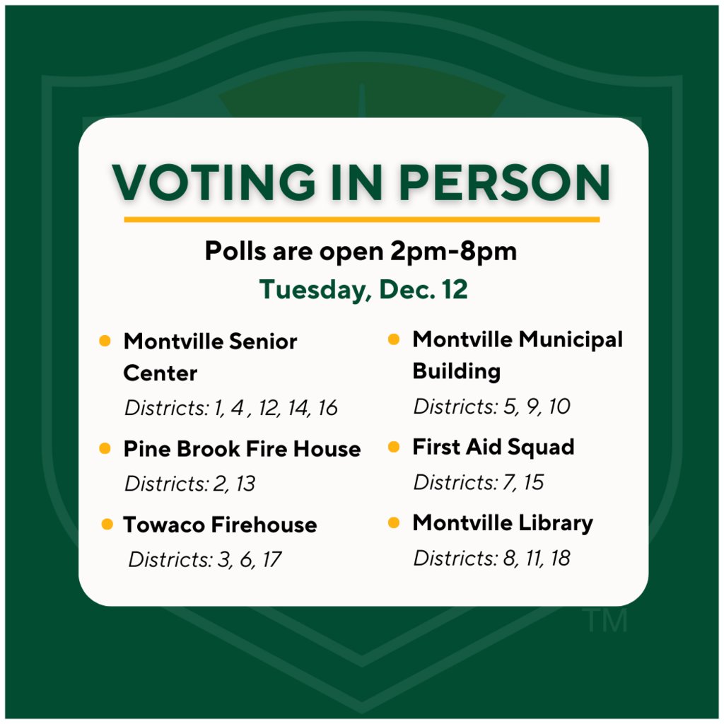 Vote tomorrow! Tuesday, Dec 12: In-person polls open 2 to 8 p.m. Go to the VOTE page on our website for a full list of locations: montville.net/referendum. If you think you threw out your Vote By Mail ballot, check that page to know why to ask for a “provisional ballot.”