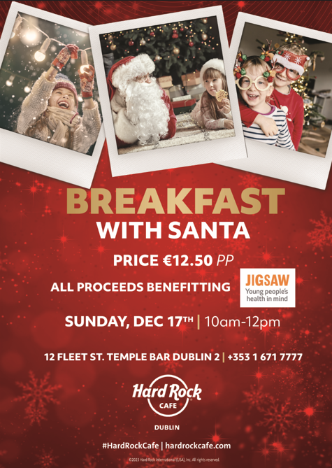 We are delighted to share that #hardrockcafedublin will be hosting a rocking festive breakfast, with a visit from Santa 🎅🏻🧡 The event is happening this coming Sunday, 17 December at 10am, see you there! Places are limited so book NOW to secure your place 🤩