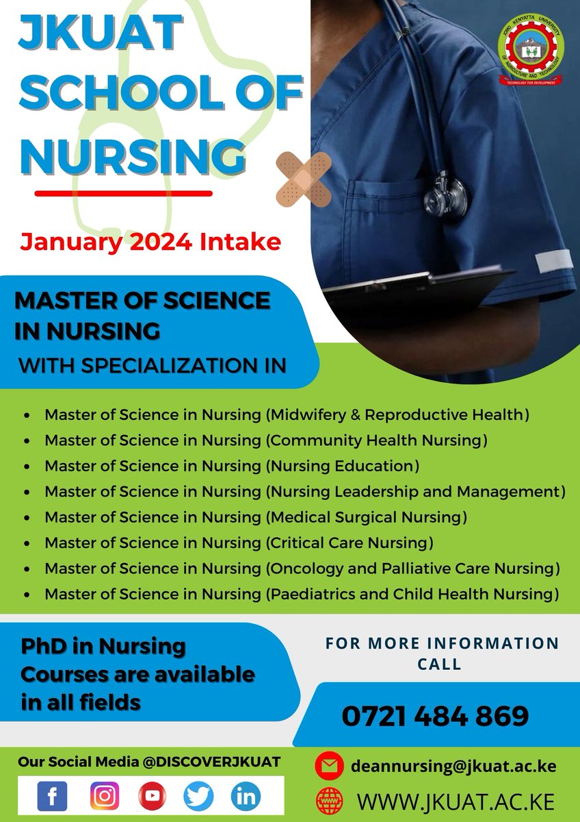 The School of Nursing invites qualified students to be part of our esteemed Masters program starting in January 2024.
Ignite your passion for healthcare and unlock limitless career opportunities. Apply now! #SchoolofNursing #January2024Intake #EducationalJourney #JoinJKUAT