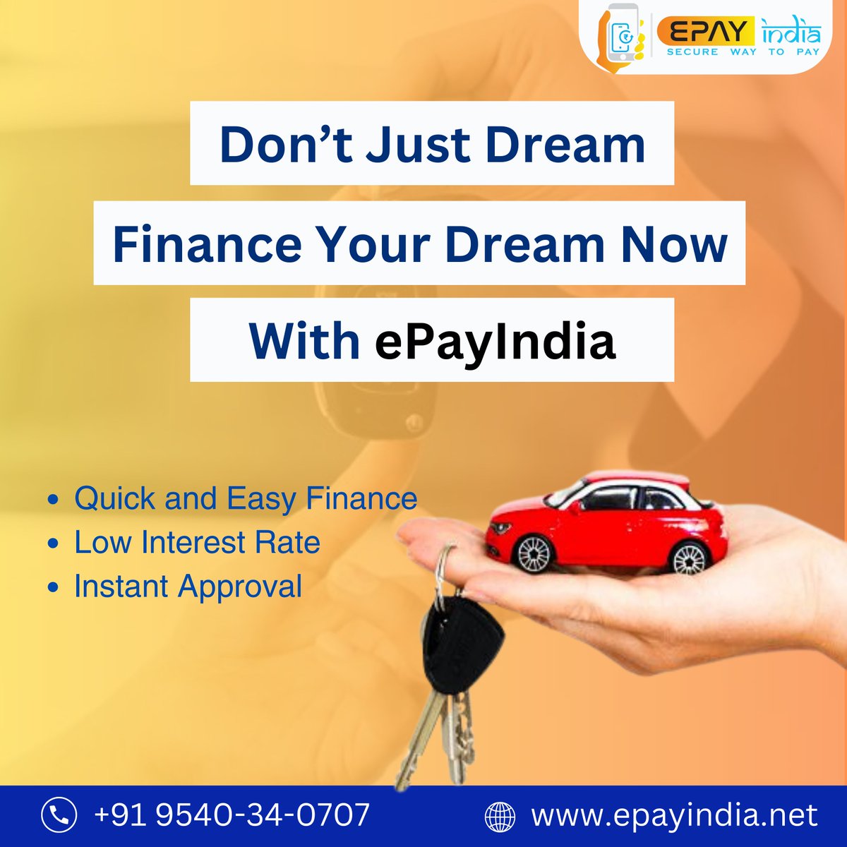 Finance your dream car now with ePayIndia.
Quick and easy financing process
Contact Now - +91 9540-34-0707
visit now - epayindia
#CarLoan #AutoFinance #VehicleLoan #CarFinancing #CarCredit #AutoLoanApproval #CarFinanceDeals #DriveNowPayLater #EasyCarLoan #LowInterestAutoLoan #Car