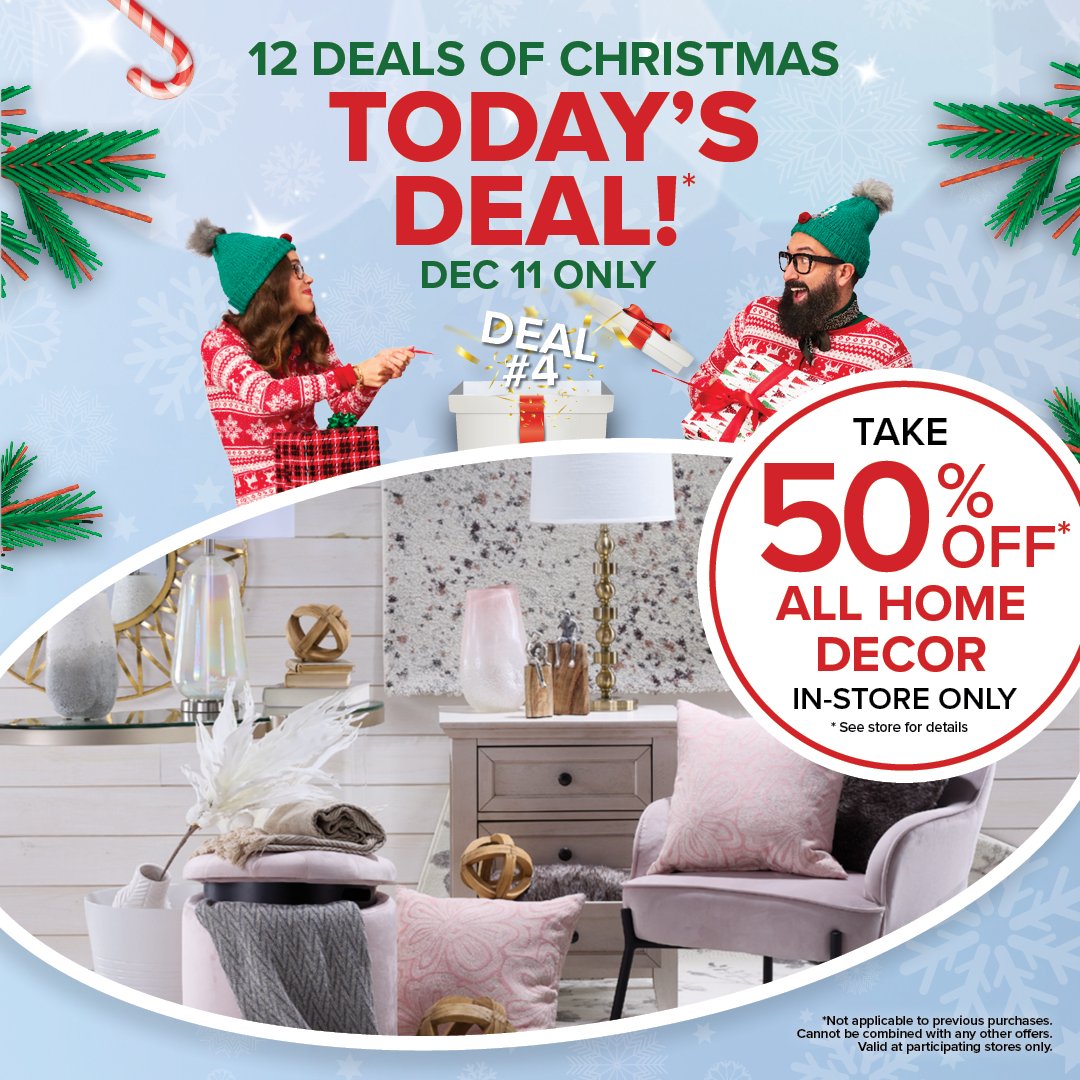 🎁 Day 4 of Leon's 12 Deals of Christmas is here! Take an extra 50% off all home decor in-store today only. 
Shop online and save 20% on Black Tag items too! 

Don't miss out - December 11th Only! 

Find your Store --> leons.ca/pages/store-li…

Valid at participating stores.