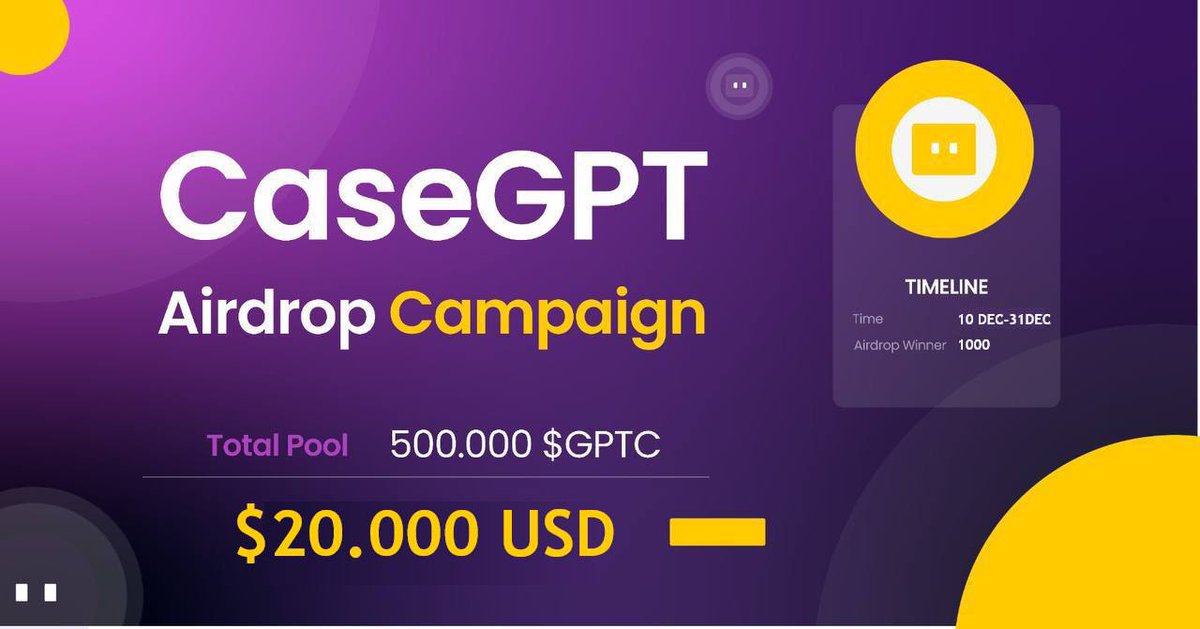 New #airdrop: CaseGPT (Random 1000)
Reward: 400 GPTC (~$16) 
News: Documents
Distribution date: After listing

🔗Airdrop Link: t.me/CaseGPTAirdrop…

Also the top 200 referrals will each get more GPTC tokens