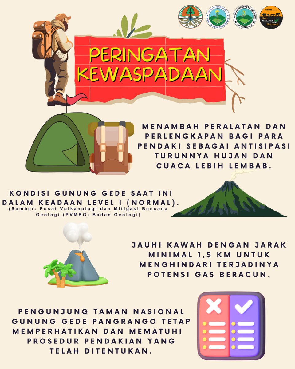Hai #SobatGepang mimin cuma mau kasih info peringatan kewaspadaan saat melakukan pendakian di Taman Nasional Gunung Gede Pangrango..