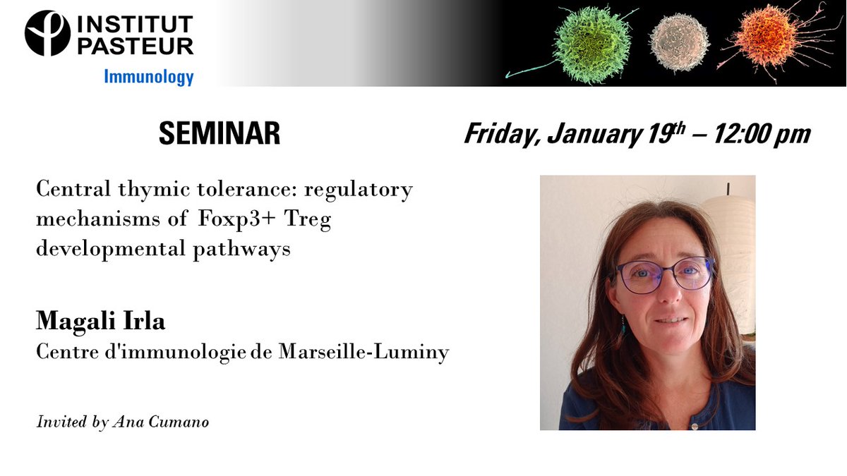 ImmunoPasteur (@immunopasteur) on Twitter photo 📅Next <a href="/ImmunoPasteur/">ImmunoPasteur</a> seminar this Friday
Magali Irla (<a href="/IrlaLab/">Magali IRLA Lab</a>) from <a href="/CIML_Immunology/">CIML</a>
Central thymic tolerance: regulatory mechanisms of Foxp3+ Treg developmental pathways
Invited by Ana Cumano 📅Next <a href="/ImmunoPasteur/">ImmunoPasteur</a> seminar this Friday
Magali Irla (<a href="/IrlaLab/">Magali IRLA Lab</a>) from <a href="/CIML_Immunology/">CIML</a>
Central thymic tolerance: regulatory mechanisms of Foxp3+ Treg developmental pathways
Invited by Ana Cumano