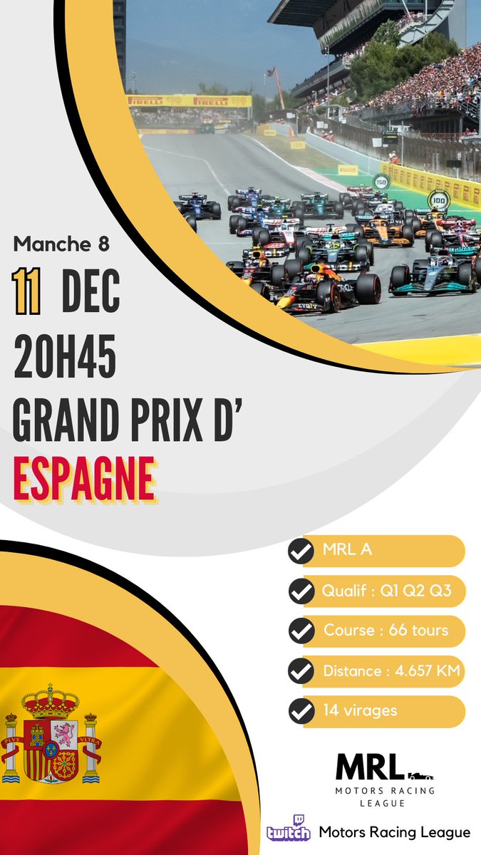 MRL_Off_'s tweet photo. 🇪🇸Grand-Prix ďEspagne🇪🇸

🟡 MRL  A | Manche 7
🗓  Lundi 11 décembre 2023
⏰ 20h45
📍 Barcelone, Espagne 

📺 https://t.co/pEDdoNXLdm… https://t.co/x37v7txKfN