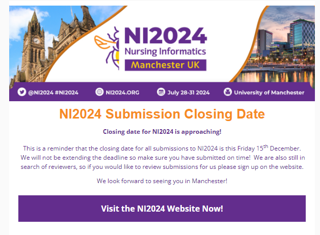 Closing date for submissions is this Friday so submit today! #NI2024 @ni2024 @amianiwg @TheInstituteDH @DHCNIO @NHSCNIO @RCNResearchSoc @ResearchRCN @RCNDigiNurse @FBMH_UoM @beadle_fran @nickhardiker @CNIA_CA @EFMI @IMIAtweets
