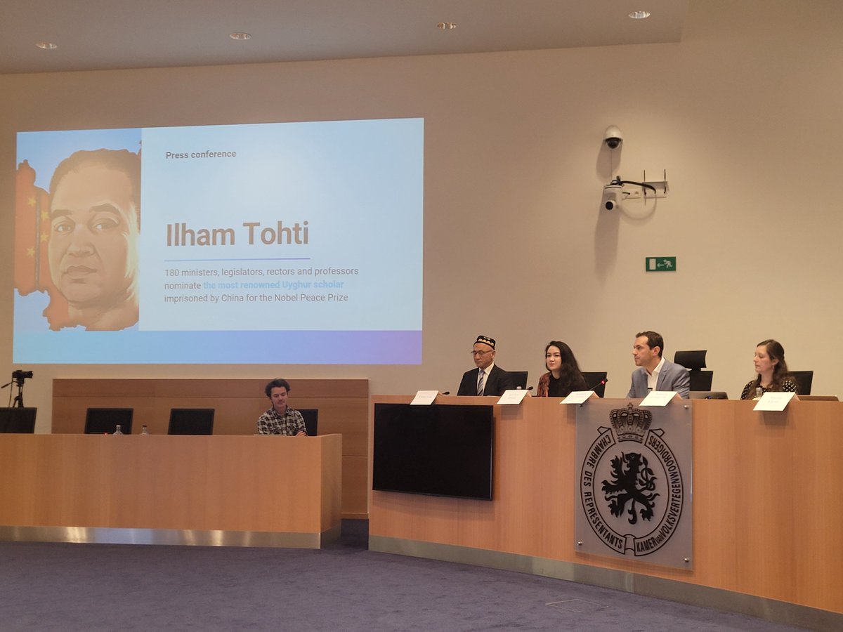 A press conference is taking place in the Belgian Parliament, where 180 ministers, legislators, rectors and professors are nominating imprisoned Uyghur scholar Ilham Tohti for the Nobel Peace Prize