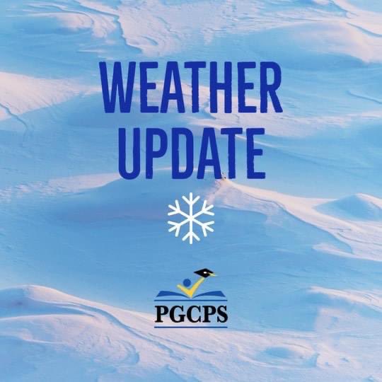 Due to the current weather conditions, PGCPS is on a two-hour delay to ensure safe travels. Please be careful.  Doors open at 9:15 a.m. School starts at 9:30. See you soon.