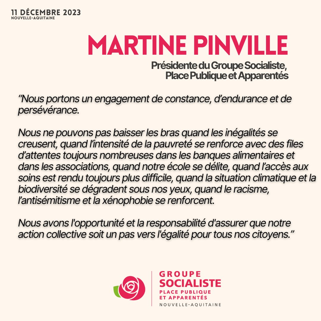 En Séance Plénière, notre Présidente de groupe, @MartinePinville , rappelle au nom des @elus_PS_NA
notre vision commune pour la Nouvelle-Aquitaine.

Nous sommes et nous serons toujours engagés pour assurer l'égalité et un avenir durable pour tous nos citoyens. 🤝

 #JDPlenière 🌹