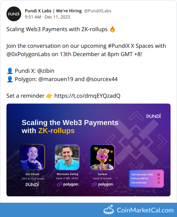 🆕 New Polygon $MATIC, Pundi X [OLD] $NPXS, Pundi X $PUNDIX, Pundi X NEM $NPXSXEM event! 
 
13 Dec 2023 
Web3 Payments w/ZK-Rollup  
 
Source: coinmarketcal.com/en/event/web3-…